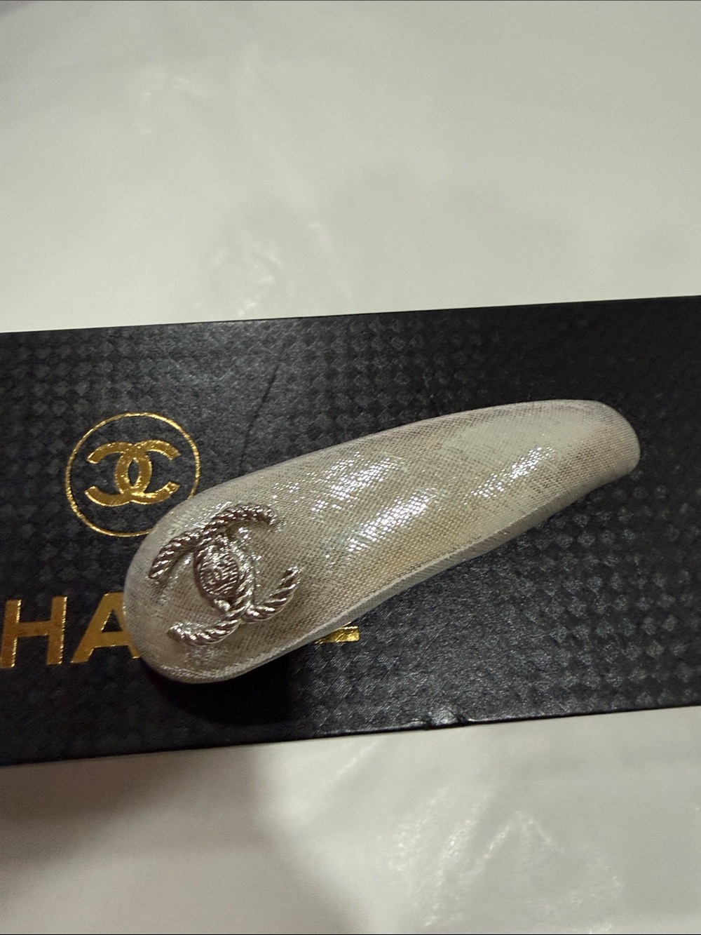 Cc Upcycled Silver Metallic fabric CC Logo Hair Barrette